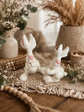 Whimsical Ceramic Bunny Figurines Set Hand Painted Folk Art Rabbits